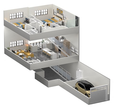 A 3D rendered image of a house with a car parked in the garage at The Franklin Marlboro Apartments, Marlboro, New Jersey